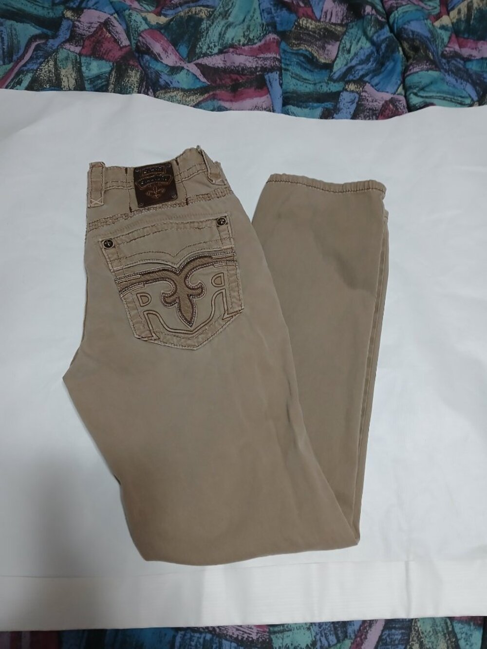 Rock Revival Mens Khaki Tan Straight Leg Jeans Pants 32x32 Embroidered Embellish
